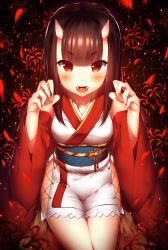 Rule 34 | 1girl, blush, brown hair, claw pose, detached sleeves, eyebrows, fangs, flower, highres, horns, japanese clothes, kimono, long sleeves, looking at viewer, obi, oni, oni horns, open mouth, original, red eyes, sash, short eyebrows, short hair, short kimono, smile, solo, spider lily, yomono
