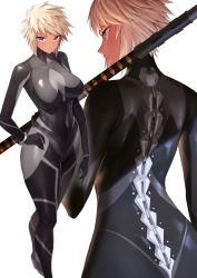 Rule 34 | 1girl, absurdres, alina novikov, arm at side, black bodysuit, blonde hair, blue eyes, bodysuit, breasts, closed mouth, commentary, commission, from behind, hand on own hip, highres, holding, holding weapon, large breasts, looking at viewer, messy, multiple views, original, profile, rororo, serious, shiny clothes, short hair, simple background, skin tight, standing, tomboy, weapon