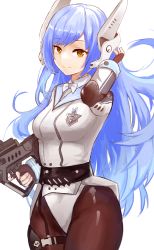 Rule 34 | 1girl, absurdres, adjusting hair, assault rifle, blue hair, bow, bowtie, breasts, brown gloves, brown pantyhose, bullpup, closed mouth, commission, elbow pads, feet out of frame, fingerless gloves, girls&#039; frontline, gloves, gun, hand in own hair, highres, holding, holding gun, holding weapon, iwi tavor, jacket, leotard, long hair, long sleeves, looking at viewer, mechanical ears, medium breasts, min-tami, official alternate costume, orange eyes, pantyhose, pixiv commission, rifle, simple background, smile, solo, standing, tar-21 (girls&#039; frontline), thighs, weapon, white background, white bow, white bowtie, white jacket, white leotard