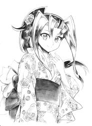 Rule 34 | 1girl, absurdres, alternate costume, greyscale, hand up, high ponytail, highres, japanese clothes, kamishiro rio, kimono, long sleeves, monochrome, multicolored hair, obi, parted bangs, pointy hair, sash, sea whites, solo, wide sleeves, yu-gi-oh!, yu-gi-oh! arc-v