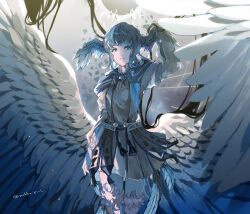 Rule 34 | 1girl, arm at side, arm up, belt, bird girl, bird legs, bird tail, bird wings, black hair, blue capelet, blue eyes, blue gemstone, blue hair, blue theme, breaking, brooch, capelet, collared dress, commentary, cowboy shot, dress, expressionless, feathered wings, final fantasy, final fantasy xiv, gem, grey background, grey dress, grey eyes, head wings, heterochromia, jewelry, long hair, looking at viewer, meteion, out of frame, parted lips, rekoku, shards, short hair, signature, solo focus, spoilers, standing, tail, tassel, the endsinger, twitter username, wings