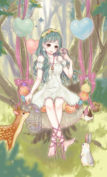 Rule 34 | 1girl, absurdres, ankle lace-up, aqua hair, bad id, bad pixiv id, balloon, bare shoulders, barefoot, bird, bird on hand, brown eyes, rabbit, cage, cross-laced footwear, deer, dress, flower, grass, hair flower, hair ornament, head wreath, heart, heart balloon, highres, jewelry, key, crossed legs, long hair, nature, necklace, original, shiorin1910, sitting, smile, solo, tree