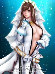 Rule 34 | 10s, 1girl, bad id, bad pixiv id, blue background, bodysuit, breasts, bridal veil, brown eyes, brown hair, center opening, commentary, cosplay, crossover, d.va (overwatch), facepaint, facial mark, fate/extra, fate/extra ccc, fate (series), full-length zipper, highres, light particles, light smile, long hair, looking at viewer, medium breasts, navel, nefrubi, nero claudius (bride) (fate), nero claudius (bride) (fate) (cosplay), nero claudius (fate), nero claudius (fate) (all), nose, open bodysuit, open clothes, overwatch, overwatch 1, parted lips, petals, pink lips, solo, veil, watermark, web address, whisker markings, white bodysuit, zipper, zipper pull tab