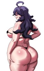 Rule 34 | 1girl, ahoge, ass, bare shoulders, bikini, blue hair, blush, breasts, creatures (company), embarrassed, from behind, game freak, hex maniac (pokemon), highres, huge ass, large breasts, long hair, looking back, looking down, nintendo, open mouth, pokemon, pokemon xy, purple eyes, shiny skin, sideboob, smile, solo, swimsuit, thick thighs, thighs, thong, thong bikini, ytrall
