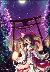 Rule 34 | 1girl, :d, artist name, bow, brown hair, cherry blossoms, cloud, dated, detached sleeves, female focus, full moon, hakurei reimu, highres, japanese clothes, lantern, letterboxed, miko, moon, night, north abyssor, open mouth, petals, red eyes, rope, shimenawa, shrine, sky, smile, solo, stairs, torii, touhou, tree