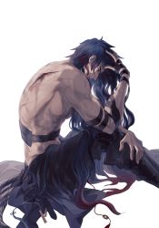 Rule 34 | 1boy, abs, arknights, backlighting, blood, blue hair, dark blue hair, feet out of frame, from side, highres, injury, long hair, looking down, male focus, mr. nothing (arknights), nipples, pectorals, rencanzaoganshiwusuo, scar, scar on arm, scar on back, sitting, solo, toned, toned male, topless male, white background