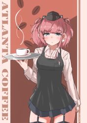 Rule 34 | 1girl, anchor hair ornament, apron, atlanta (kancolle), black apron, black hat, black skirt, breasts, brown hair, character name, coffee, coffee beans, cowboy shot, cup, dress shirt, earrings, garrison cap, garter straps, grey eyes, hair ornament, hat, high-waist skirt, highres, jewelry, kantai collection, large breasts, long hair, long sleeves, mori tarou, saucer, shirt, skirt, solo, star (symbol), star earrings, thigh strap, tray, two side up, white shirt