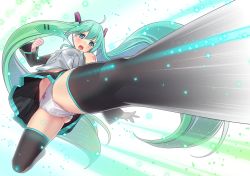 Rule 34 | 1girl, ama mitsuki, boots, bow, bow panties, detached sleeves, foreshortening, green eyes, green hair, hatsune miku, kicking, long hair, matching hair/eyes, navel, necktie, open mouth, panties, pantyshot, skirt, solo, thigh boots, thighhighs, twintails, underwear, upskirt, very long hair, vocaloid, white panties