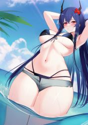 Rule 34 | 1girl, absurdres, arknights, armpits, arms behind head, arms up, ateoyh, bikini, black bikini, blue hair, blue sky, blush, breasts, breath, ch&#039;en (arknights), ch&#039;en the holungday (arknights), ch&#039;en the holungday (elite ii) (arknights), chinese commentary, closed mouth, cloud, cloudy sky, cowboy shot, curvy, day, dragon horns, embarrassed, flower, from below, front-tie bikini top, front-tie top, frown, furrowed brow, grey shorts, hair flower, hair ornament, hibiscus, highres, horns, large breasts, long hair, looking at viewer, micro shorts, multi-strapped bikini, navel, ocean, official alternate costume, open fly, outdoors, red eyes, short shorts, shorts, sidelocks, sky, solo, standing, stomach, straight hair, string bikini, swimsuit, thick thighs, thighs, wading, wet