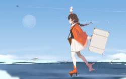 Rule 34 | 1girl, animal, animal on head, bag, blush, braid, breasts, briefcase, brown hair, crossover, day, from side, holding, ice, jacket, kantai collection, long hair, long sleeves, miffy, miffy (character), on head, orange footwear, orange jacket, outdoors, pantyhose, pleated skirt, profile, rabbit, rabbit on head, rudder footwear, shin (new), shoulder bag, sidelocks, single braid, skirt, sky, small breasts, souya (kancolle), water, white pantyhose, white skirt