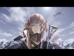 Rule 34 | 1girl, aircraft, blue sky, closed mouth, cloud, day, dual wielding, girls&#039; frontline, gun, helicopter, highres, holding, holding gun, holding weapon, letterboxed, long sleeves, looking at viewer, mountainous horizon, outdoors, pink hair, purple eyes, rifle, sky, solo, st ar-15 (girls&#039; frontline), sunlight, tacshojosora, valkyrie, weapon