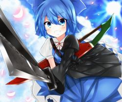 Rule 34 | 1girl, advent cirno, armor, asymmetrical clothes, bad id, bad pixiv id, blue dress, blue eyes, blue hair, blue sky, cirno, cloud, commentary request, day, dress, gloves, grin, looking at viewer, matching hair/eyes, petals, puffy short sleeves, puffy sleeves, rok (guitar0706), shirt, short sleeves, single glove, sky, smile, solo, sun, sword, touhou, weapon