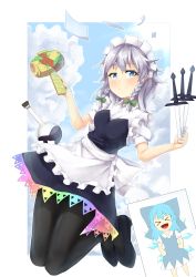 Rule 34 | 1girl, absurdres, black footwear, black pantyhose, blue dress, border, bow, card, cirno, cloud, cloudy sky, commentary request, dress, flask, green bow, grey hair, highres, izayoi sakuya, knife, maid, maid headdress, miracle mallet, pantyhose, round-bottom flask, sky, touhou, twintails, unconnected marketeers, white border