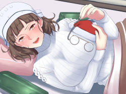 Rule 34 | 1girl, alternate costume, blunt bangs, blush, breasts, brown eyes, brown hair, drunk, eyebrows, unworn eyewear, eyewear strap, from above, glasses, hat, headdress, holding, holding removed eyewear, indoors, kantai collection, kotatsu, large breasts, lips, long sleeves, looking at viewer, looking up, lying, open mouth, peaked cap, pince-nez, recording, ribbed sweater, roma (kancolle), santa hat, shingyou (alexander-13), short hair, smile, solo, sweater, table, the roma-like snowman, under kotatsu, under table, upper body, wavy hair, white sweater
