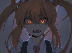 Rule 34 | 1girl, collared shirt, commentary, dark, dragon horns, english commentary, eyelashes, hair between eyes, highres, horns, kobayashi-san chi no maidragon, long hair, looking at viewer, maid, milka (milk4ppl), multicolored hair, necktie, open mouth, orange hair, red eyes, shaded face, shirt, signature, slit pupils, solo, suspenders, teeth, tohru (maidragon), tongue, twintails, upper body, white shirt