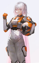 Rule 34 | 1girl, absurdres, armor, bodysuit, cape, clenched hand, closed mouth, commentary, english commentary, ganet p, gloves, grey hair, helldivers (series), helmet, highres, holding, holding helmet, looking at viewer, medium hair, mole, mole under eye, one side up, original, pants, pink eyes, pink hair, simple background, smile, solo, standing, star-shaped pupils, star (symbol), symbol-shaped pupils, unworn headwear, unworn helmet, v-shaped eyebrows, white background, white hair