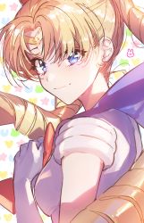 Rule 34 | 1girl, absurdres, bishoujo senshi sailor moon, blonde hair, blue eyes, blush, breasts, closed mouth, crescent, crescent earrings, drill hair, earrings, elbow gloves, gloves, hand on own chest, highres, jewelry, looking at viewer, necktie, parted bangs, red necktie, sailor moon, sailor senshi uniform, shirt, small breasts, smile, solo, tsukino usagi, twin drills, upper body, wata (attaka towel), white gloves, white shirt