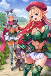 Rule 34 | 2girls, alleyne (queen&#039;s blade), alleyne (queen&#039;s blade unlimited), armor, belt, beret, bikini armor, blonde hair, blue eyes, blue hair, blue sky, blush, boots, bouncing breasts, bow, braid, breasts, cat, cleavage, covered erect nipples, day, dress, elf, gloves, grey legwear, hair bow, hat, irma (queen&#039;s blade), irma (queen&#039;s blade unlimited), long hair, medium breasts, multiple girls, navel, official art, open mouth, outdoors, pink eyes, pointy ears, queen&#039;s blade, queen&#039;s blade unlimited, queen&#039;s blade white triangle, running, scarf, short dress, short hair, side braid, skindentation, sky, sweat, tan, thigh boots, thighhighs, tree, very long hair