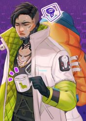 Rule 34 | 1boy, 1girl, absurdres, apex legends, back-to-back, black gloves, black hair, black shirt, blonde hair, blue headwear, collarbone, crypto (apex legends), cup, gloves, green vest, highres, holding, holding cup, hood, hooded jacket, jacket, jewelry, looking down, mug, necklace, nessie (respawn), orange jacket, parted lips, shaded face, shirt, speech bubble, spoken squiggle, squiggle, tabiiii, undercut, vest, wattson (apex legends)