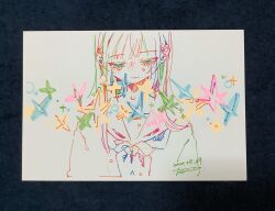 Rule 34 | 1girl, absurdres, closed mouth, colorful, crying, crying with eyes open, dated, facing viewer, highres, long hair, looking down, marker (medium), neckerchief, original, pen (medium), sailor collar, sailor shirt, school uniform, serafuku, shirt, signature, simple background, solo, sparkle, star (symbol), tears, traditional media, upper body, watanabe tomari, white background