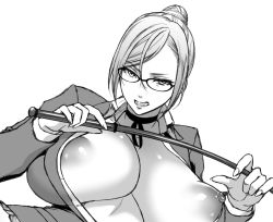 Rule 34 | 10s, 1girl, areola slip, breasts, breasts out, choker, cleavage, clenched teeth, female focus, glasses, greyscale, hair bun, huge breasts, large breasts, looking at viewer, monochrome, nipples, open clothes, open shirt, prison school, puffy nipples, riding crop, shiraki meiko, shirt, single hair bun, solo, teeth, usagi nagomu, whip