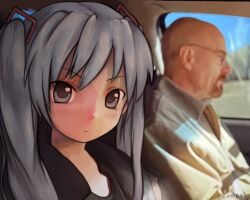 Rule 34 | 1boy, 1girl, artist name, bald, beard, blue eyes, blue hair, blurry, breaking bad, car interior, closed mouth, commentary, day, depth of field, english commentary, facial hair, hatsune miku, highres, long hair, looking at viewer, photo background, portrait, solo focus, twintails, upper body, vocaloid, walter white, zoolpal