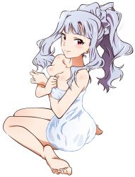 Rule 34 | 10s, 1girl, absurdres, akizuki ritchan, barefoot, breasts, cleavage, feet, full body, highres, idolmaster, idolmaster (classic), idolmaster million live!, long hair, medium breasts, naked towel, ponytail, purple eyes, shijou takane, silver hair, smile, solo, towel, transparent background, vector trace