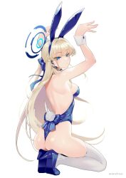 Rule 34 | 1girl, animal ears, artist name, ass, backless leotard, bare shoulders, blonde hair, blue archive, blue eyes, blue leotard, blunt bangs, braid, breasts, commentary request, detached collar, earrings, fake animal ears, fake tail, french braid, full body, halo, headset, high heels, highleg, highleg leotard, highres, jewelry, leotard, light blush, long hair, looking at another, looking at viewer, medium breasts, playboy bunny, rabbit pose, rabbit tail, saruchitan, sideboob, simple background, solo, squatting, strapless, strapless leotard, tail, thighhighs, thighs, toki (blue archive), toki (bunny) (blue archive), very long hair, white background, white thighhighs, wrist cuffs