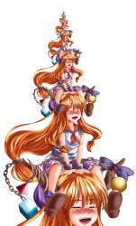 Rule 34 | 6+girls, blonde hair, blush, bow, chain, clone, cuffs, footwear bow, haryudanto, highres, horn ornament, horn ribbon, horns, ibuki suika, long hair, low-tied long hair, multiple girls, open mouth, orange hair, recursion, ribbon, shoes, sitting, sitting on head, sitting on person, skirt, sleeveless, smile, touhou, very long hair