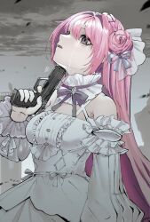 Rule 34 | 1girl, alisame, bare shoulders, bow, bowtie, braid, breasts, cloud, cloudy sky, crying, detached sleeves, dorothy (nikke), dress, facing up, finger on trigger, frilled dress, frills, goddess of victory: nikke, gun, hair bun, hair intakes, hair ribbon, handgun, highres, holding, holding gun, holding weapon, imminent suicide, long hair, looking up, medium breasts, parted lips, pink hair, purple bow, purple bowtie, purple eyes, ribbon, single side bun, sky, solo, upper body, weapon, white dress