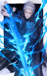 Rule 34 | 1boy, black coat, blue eyes, chongning, coat, devil may cry (series), devil may cry 5, fingerless gloves, fingernails, gloves, glowing, glowing sword, glowing weapon, grey hair, hair slicked back, highres, male focus, parted lips, smile, solo, sword, transparent, vergil (devil may cry), weapon