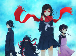 Rule 34 | 1boy, 3girls, arm at side, arrow (symbol), arrow print, asahina hiyori, azami (kagerou project), black hair, black kimono, black pants, black sailor collar, black serafuku, black shirt, black skirt, blue sky, blunt bangs, brown eyes, closed mouth, commentary, cowboy shot, curly hair, dark konoha, day, enpera, expressionless, floating scarf, fringe trim, from side, hair ornament, hair ribbon, hairclip, highres, japanese clothes, kagerou project, kimono, kingyo (984), konoha (kagerou project), layered sleeves, long hair, long sleeves, looking afar, looking at viewer, looking to the side, low twintails, multiple girls, neck warmer, neckerchief, outdoors, overalls, pants, parted lips, pink overalls, pink skirt, pleated skirt, profile, red eyes, red ribbon, red scarf, ribbon, sailor collar, scales, scarf, school uniform, serafuku, shirt, short hair, short ponytail, skirt, sky, sleeves past elbows, smile, t-shirt, tateyama ayano, twintails, very long hair, white neckerchief, wind, yellow eyes
