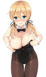 Rule 34 | 10s, 1girl, anchor hair ornament, aqua eyes, areola slip, bare shoulders, black pantyhose, black ribbon, blonde hair, blush, bow, bowtie, breasts, cleavage, collarbone, detached collar, embarrassed, eyebrows, female focus, hair between eyes, hair ornament, hair ribbon, highres, kantai collection, large breasts, leaning forward, leotard, long hair, looking at viewer, mizunashi kenichi, nipples, pantyhose, playboy bunny, prinz eugen (kancolle), ribbon, simple background, solo, standing, tareme, thigh gap, twintails, white background, wrist cuffs