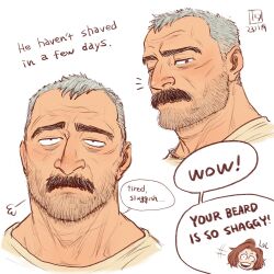 Rule 34 | 1boy, 1girl, aaron gruber (o natsuo88), beard stubble, brown hair, chibi, cropped torso, english text, facial hair, facial scar, grey hair, highres, laughing, looking at viewer, madison (o natsuo88), mature male, medium hair, multiple views, mustache, notice lines, o natsuo88, old, old man, original, receding hairline, scar, scar on cheek, scar on face, shirt, short hair, simple background, speech bubble, stubble, thick eyebrows, thick mustache, wavy hair, white background, wrinkled skin