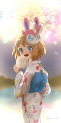 Rule 34 | 1girl, :d, alternate costume, blonde hair, blue eyes, blue sash, blurry, blush, character mask, commentary request, cotton candy, creatures (company), eyelashes, fireworks, game freak, gen 6 pokemon, hand up, highres, holding, japanese clothes, kimono, looking back, mask, mask on head, myonmario35th, nintendo, open mouth, pokemon, pokemon (anime), pokemon xy (anime), sash, serena (pokemon), short hair, smile, sylveon, tongue, twitter username, white kimono, wide sleeves
