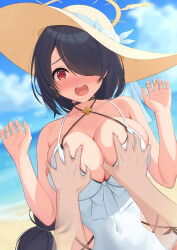 Rule 34 | 1boy, 1girl, absurdres, beach, black hair, blue archive, blue sky, blush, breasts, covered navel, grabbing, grabbing another&#039;s breast, halo, hands up, hat, highres, hinata (blue archive), hinata (swimsuit) (blue archive), large breasts, looking at viewer, ocean, one-piece swimsuit, red eyes, red hair, sand, sky, straw hat, swimsuit, tyohensyoku, white one-piece swimsuit