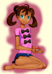 Rule 34 | 10s, 1girl, antenna hair, barefoot, blush, blush stickers, breasts, brown hair, creatures (company), cupping hands, game freak, green eyes, holding, holding poke ball, long hair, looking at viewer, nintendo, own hands together, poke ball, pokemon, pokemon xy, quad tails, shauna (pokemon), shirt, short shorts, shorts, sitting, small breasts, smile, solo, t-shirt, toes, toranoe, wariza