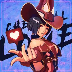 Rule 34 | 1girl, absurdres, black hair, breasts, cleavage, fingerless gloves, gloves, guilty gear, guilty gear xrd, hat, heart, highres, i-no, looking at viewer, pink eyes, red headwear, short hair, witch hat