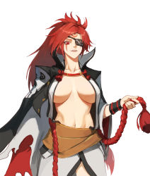 Rule 34 | 1girl, baiken, black coat, bracer, breasts, coat, coat on shoulders, collarbone, commentary, cowboy shot, eyepatch, facepaint, facial mark, forehead mark, grey skirt, guilty gear, highres, holding, holding rope, jason kim, large breasts, long hair, looking at viewer, navel, one eye covered, parted lips, ponytail, red eyes, red hair, rope, simple background, skirt, solo, stomach, white background