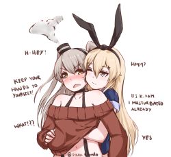 Rule 34 | 10s, 2girls, alternate costume, amatsukaze (kancolle), assertive female, blonde hair, blue eyes, blue shirt, blush, grabbing another&#039;s breast, breasts, brown eyes, brown sweater, casual, commentary request, disco brando, english text, fang, frown, grabbing, hair between eyes, hairband, hand under clothes, hand under shirt, highres, kantai collection, long hair, looking at another, multiple girls, navel, off-shoulder, off-shoulder sweater, off shoulder, one eye closed, open mouth, sexual harassment, shimakaze (kancolle), shirt, short sleeves, silver hair, small breasts, smoke, smokestack, sweater, upper body, white background, yuri