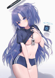 1girl black_shirt blue_archive blue_buruma breasts buruma clothes_lift double_vertical_stripe drone gym_shirt gym_uniform halo highres lanyard long_hair looking_at_viewer mechanical_halo medium_breasts navel nipples parted_bangs purple_eyes purple_hair shiroraku shirt shirt_lift short_sleeves simple_background solo standing star_sticker sticker_on_face thighs white_background yuuka_(blue_archive) yuuka_(track)_(blue_archive)