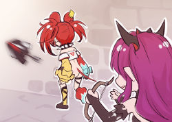 Rule 34 | 2girls, animal ears, arrow (projectile), ass, bare shoulders, black collar, black hair, bow (weapon), collar, commentary, demon horns, detached sleeves, english commentary, from behind, hakos baelz, holding, holding bow (weapon), holding weapon, hololive, hololive english, horns, irys (hololive), mouse ears, mouse girl, mouse tail, mousetrap, multicolored hair, multiple girls, open mouth, pointy ears, red hair, skirt, spiked collar, spikes, streaked hair, tail, unworn skirt, virtual youtuber, weapon, yohchi