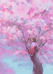 Rule 34 | 1girl, absurdres, blue sky, brown hair, cherry blossoms, commentary request, day, highres, long skirt, on tree, original, outdoors, pink shirt, red skirt, saisho (qpoujr), scenery, shirt, short hair, sitting, skirt, sky, solo, spring (season), tree, white footwear