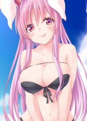Rule 34 | 1girl, animal ears, bad id, bad pixiv id, bandeau, bare arms, bare shoulders, bikini, blue sky, blush, breasts, cleavage, cloud, collarbone, commentary request, day, front-tie bikini top, front-tie top, hair between eyes, head tilt, hisae (hisae collect), large breasts, long hair, looking at viewer, navel, outdoors, pink lips, purple hair, rabbit ears, red eyes, reisen udongein inaba, sidelocks, skindentation, sky, smile, solo, stomach, strapless, strapless bikini, swimsuit, touhou, upper body