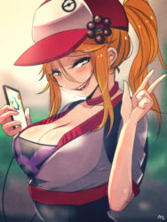 Rule 34 | 10s, 1girl, artist name, at2., black eyes, blurry, blush, breasts, cellphone, choker, cleavage, cleavage cutout, clothing cutout, creatures (company), depth of field, female protagonist (pokemon go), game freak, gen 1 pokemon, hair between eyes, hair ornament, hat, large breasts, looking at viewer, naughty face, nintendo, orange hair, phone, pokemon, pokemon (creature), pokemon go, ponytail, smartphone, smile, snorlax, solo, sweat, upper body, w