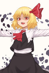 Rule 34 | 1girl, ascot, black skirt, black vest, blonde hair, collared shirt, frilled shirt collar, frills, hair ribbon, highres, kakone, long sleeves, looking at viewer, open mouth, outstretched arms, red ascot, red eyes, red ribbon, ribbon, rumia, shaded face, sharp teeth, shirt, short hair, simple background, skirt, smile, solo, spread arms, teeth, touhou, vest, white background, white shirt