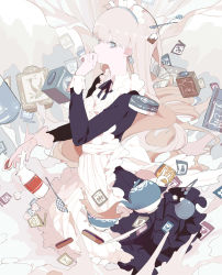 Rule 34 | 1girl, apron, black dress, black ribbon, black tea, blonde hair, blue eyes, bottle, box, can, covered mouth, covering own mouth, cowboy shot, creamer (vessel), creamer packet, cup, dress, earrings, floating, floating object, food, frilled apron, frills, from side, hand over own mouth, hand up, highres, jar, jewelry, levitation, long hair, long sleeves, looking afar, magic, maid, maid apron, maid headdress, milk, milk bottle, n79oqc3yja6jlof, neck ribbon, original, pastry, pouring, ribbon, saucer, solo, strainer, sugar bowl, sugar cube, sugar tongs, tea, tea set, tea strainer, teabag, teacup, teapot, tongs, very long hair, white apron