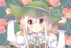 Rule 34 | 1girl, :o, arms up, blonde hair, blush, brooch, brown eyes, buttons, commentary request, ech, floral background, flower, frilled shirt collar, frilled sleeves, frills, gem, green hat, green ribbon, hair between eyes, hair ornament, hand on headwear, hat, hat ribbon, highres, jewelry, juliet sleeves, leaf hair ornament, long hair, long sleeves, looking at viewer, low twintails, neck ribbon, open mouth, original, pink flower, pink rose, puffy sleeves, ribbon, rose, sleeve cuffs, solo, star (symbol), tareme, twintails, upper body