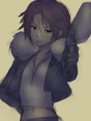 Rule 34 | 1990s (style), 1girl, brown hair, female focus, final fantasy, final fantasy viii, flat chest, fumio (rsqkr), genderswap, genderswap (mtf), gunblade, jacket, charm (object), retro artstyle, scar, scar on face, scar on nose, solo, squall leonhart, square enix, weapon