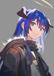 Rule 34 | 1girl, arknights, black coat, blue eyes, blue hair, closed mouth, coat, fur-trimmed hood, fur trim, grey background, halo, highres, hood, hood down, horns, long hair, looking at viewer, mostima (arknights), open clothes, open coat, shirt, simple background, solo, upper body, white shirt, zuiqiang zayu